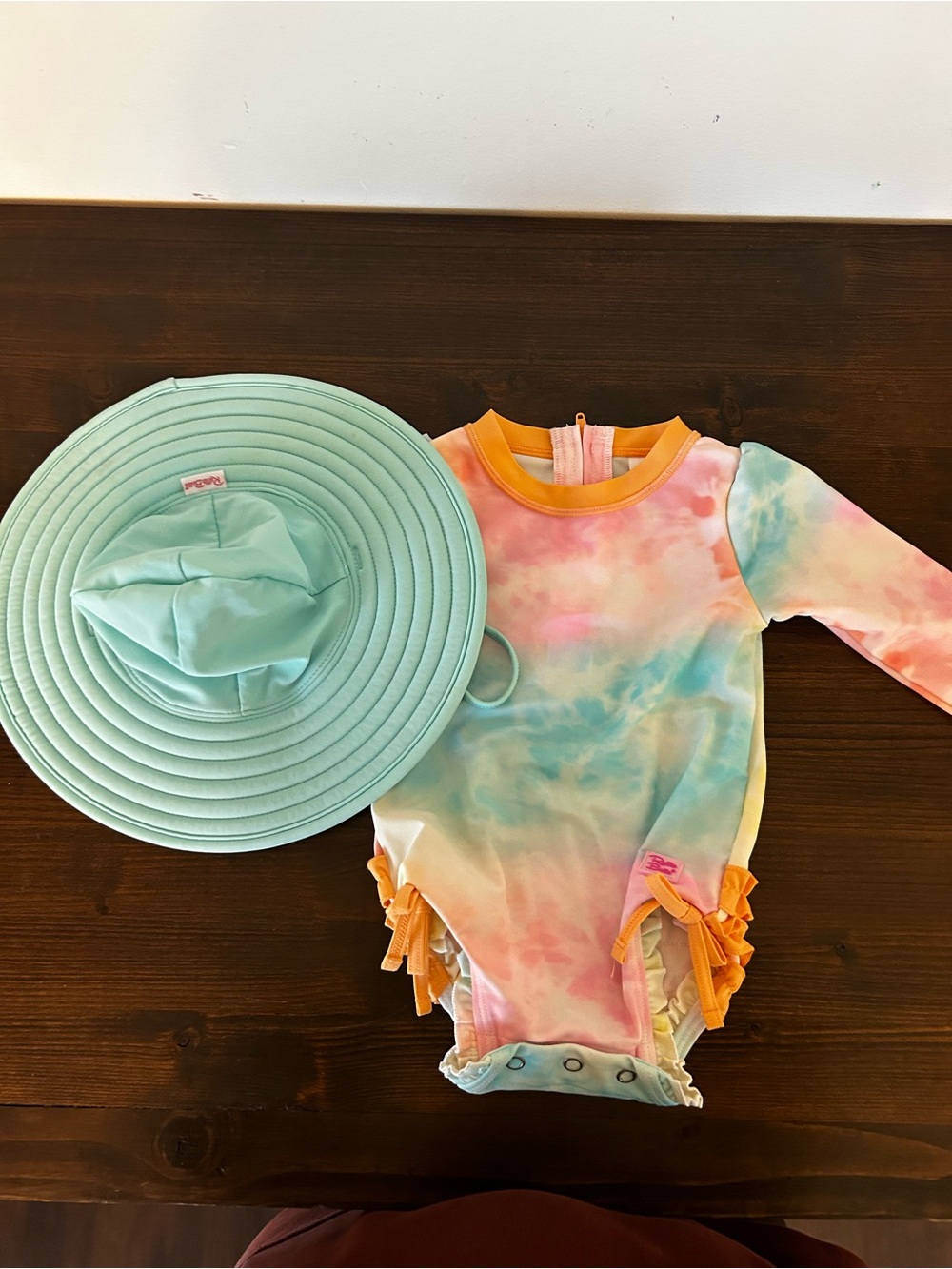 Ruffle Butts Pastel Tie-Dye Long Sleeve One-Piece Swimsuit with Mint Sun Hat